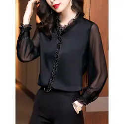 Lace Ruffles Chiffon Shirts Women's Clothing 2023 Autumn Winter New Office Lady Long Sleeve Pullovers Vintage Elegant Blouse 4XL