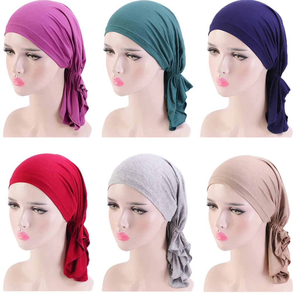 Muslim Women Modal Cotton Elastic Turban Cap Head Wrap Pirate Hat Cancer Bandanna Cap Doorag Chemo Hair Loss Cover Beanie Scarf