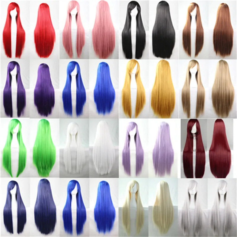 Syntetyczne peruki do włosów dla kobiet Cosplay Peruka 80 cm Prosta długa jasnofioletowa peruka z grzywką Różowy Czerwony Niebieski Blond Brązowy Czarny Zielony