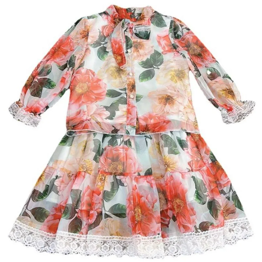 Baby girl autumn vintage printed chiffon blouse+lace stitching skirt kids two piece sets