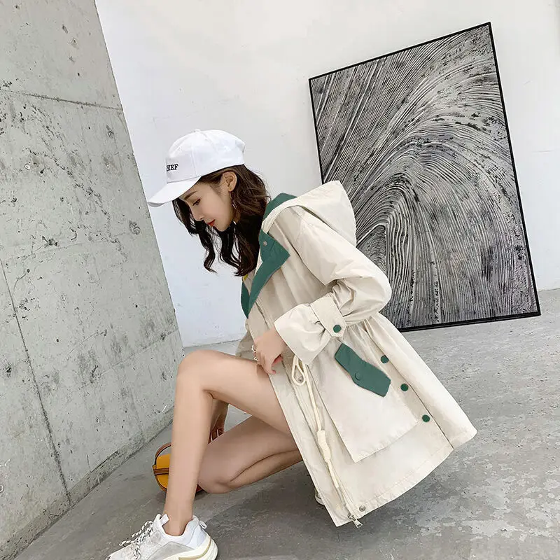 Women Color Matching Jacket Female Spring Autumn New Trendy Hooded Windbreaker Student Loose Trench Coat Off White W55