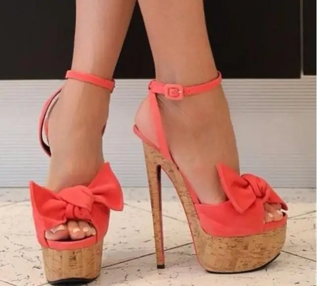 

Hot Selling Red Black Bow Tie High Platform Sandals Women Ankle Strap Wooden Heels Wedding Bride Cut-out Summer Dress Shoes