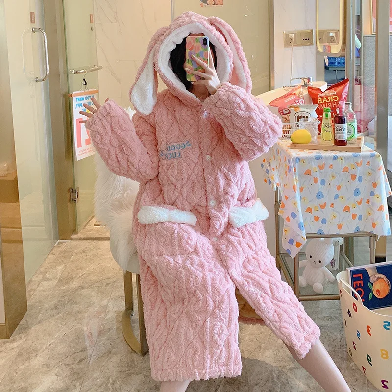 Autumn Winter New Flannel Sleep Robe Women Three Layer Thick Pajamas Ladies Keep Warm Coral Velvet Nightwear Hooded Homewear