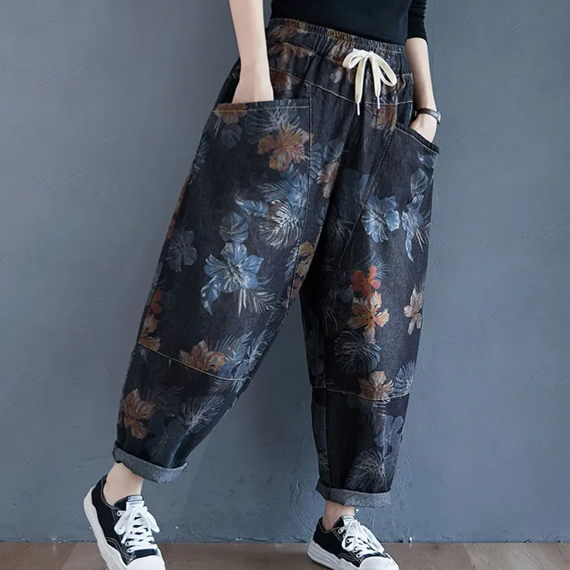 Women Casual Denim Harem Pants New Arrival 2020 Autumn Streetwear Vintage Print Elastic Waist Loose Casual Boyfriend Jeans S2550