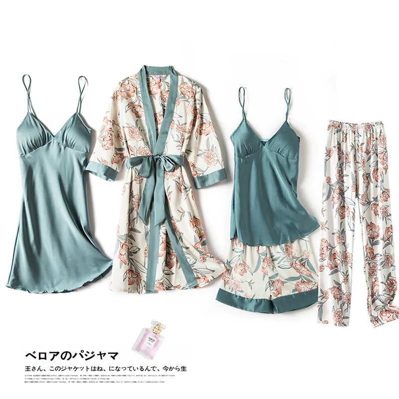 Summer Print Sexy Nighty&Robe Set Strap Top Lady 5PCS Sleepwear Full Sleeve&Pant Satin Nightwear Kimono Bath Robe Gown