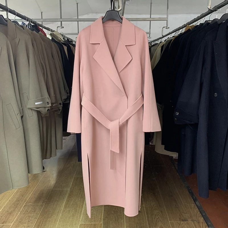 Korean Style Side Split Pink Warm Wool Coat Fashion Long Solid Notched Collar Long Sleeve Coat Female Double-Faced Cashmere Coat