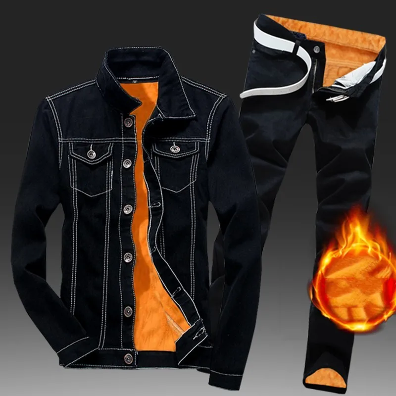 Winter Men Fleece Lining Thick Warm Denim Two Piece Set Slim Fit Cowbody Jacket Jeans Suit Safari Style Cargo Pants Matching Set