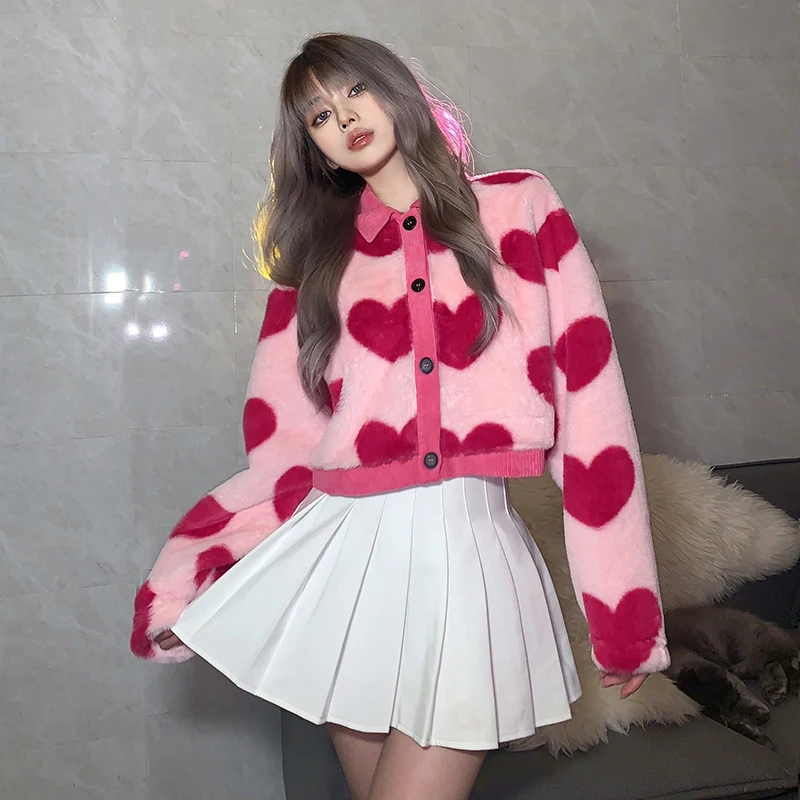 Pink Velvet Cropped Jacket Women Faux Fur Singe Breasted Fuzzy Coat Female Harajuku Kawaii Fleece Tops Sweet Girl Short Outwear