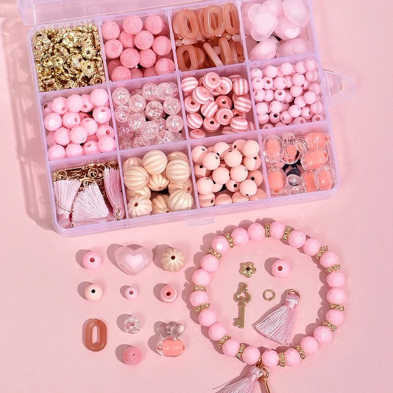 

Pink Beads Kit For DIY Bracelet Necklace Sweet Bracelets Accessories Set For Jewelry Making Cute Gifts For Children