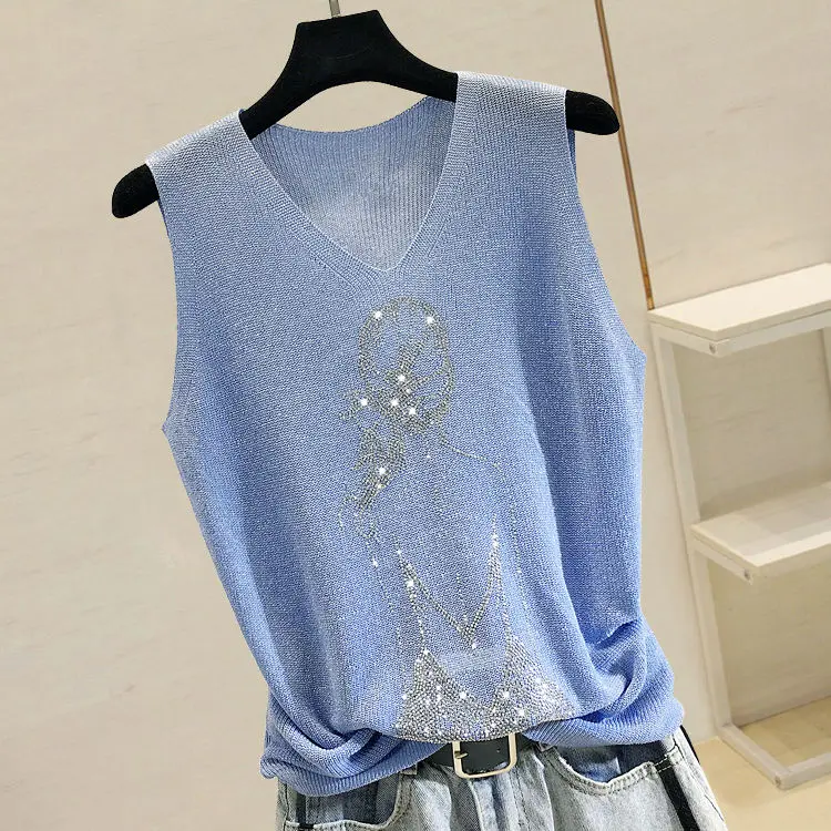 Hot Rhinestone Bright Silk Knitted Sweater Vest Women Fashion Thin Section Sleeveless Bottoming Sweater Vest Female Spring 2024