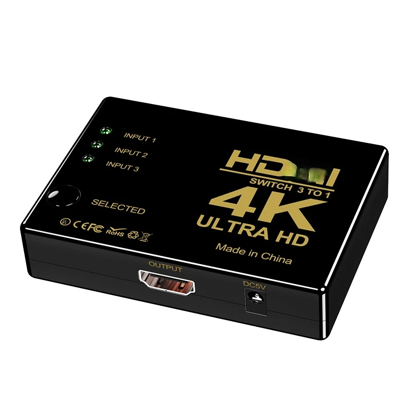 Commutateur compatible HDMI, avec trois entrées et une sortie, type rectangulaire, 4K * 2K, avec télécommande