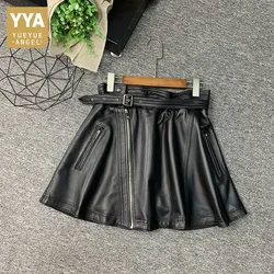 Women Sheepskin Sashes Zipper A-Line Short Skirts Punk Style Genuine Leather High Waist Black Mini Skirts Fashion Pleated Skirt