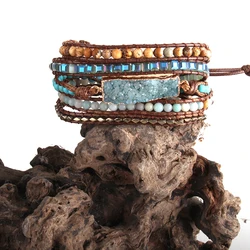 RH Fashion Women Armbander Mixed Beaded Natural Stones Crystal Druzy Charm 5 Strands Wrap Bracelets DropShip