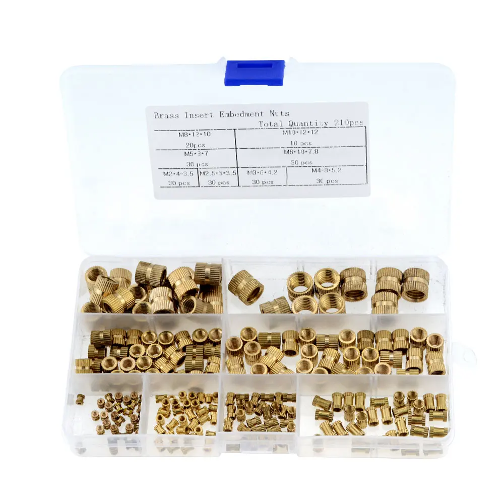 

210pcs/box M2 M2.5 M3 M4 M5 M6 M8 M10 Brass Cylinder Knurled Threaded Round Insert Embedded Nuts Kit with Plastic Box