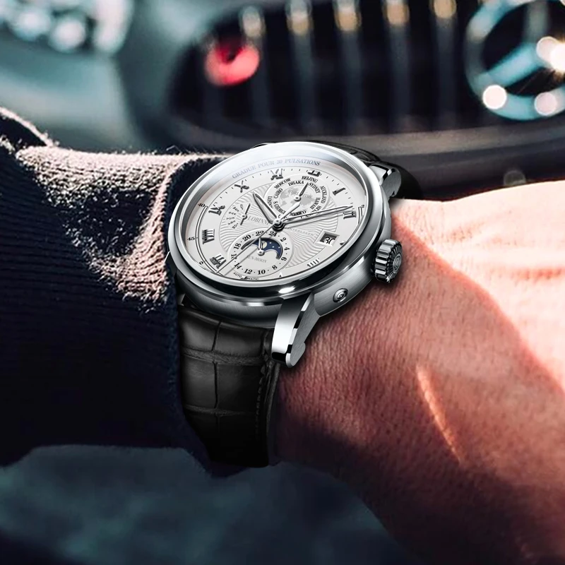 LOBINNI-reloj mecánico automático para hombre, cronógrafo de marca de lujo, fase lunar, movimiento de gaviota de cuero de zafiro, Suiza
