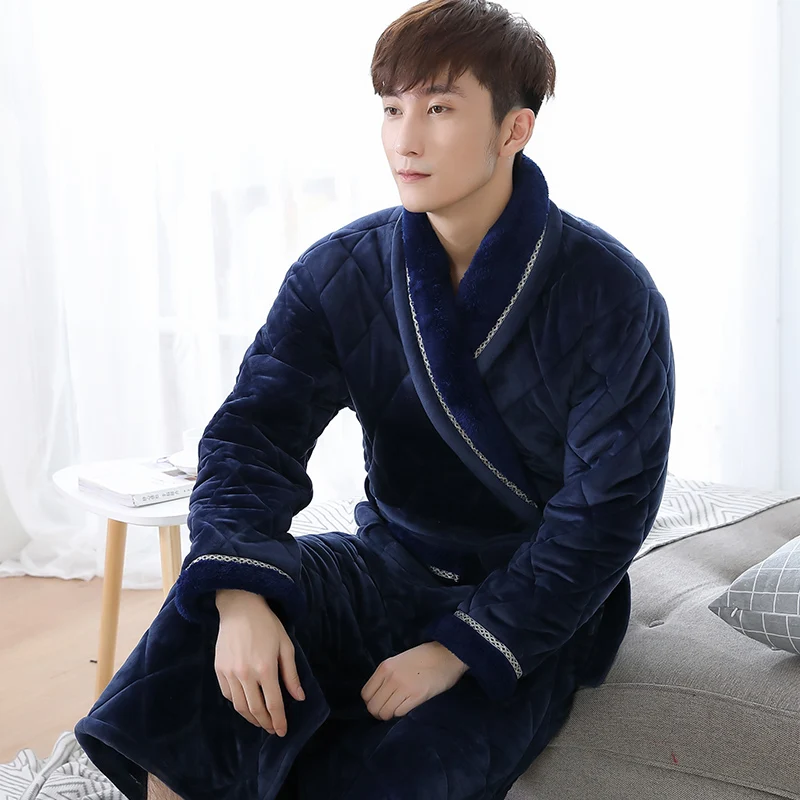 Winter Long Robe For Male Three Layers Quilted Bathrobe Thick Flannel Sleepwear Big Yards XXXL Kimono Bathrobes Mens Warm Lounge