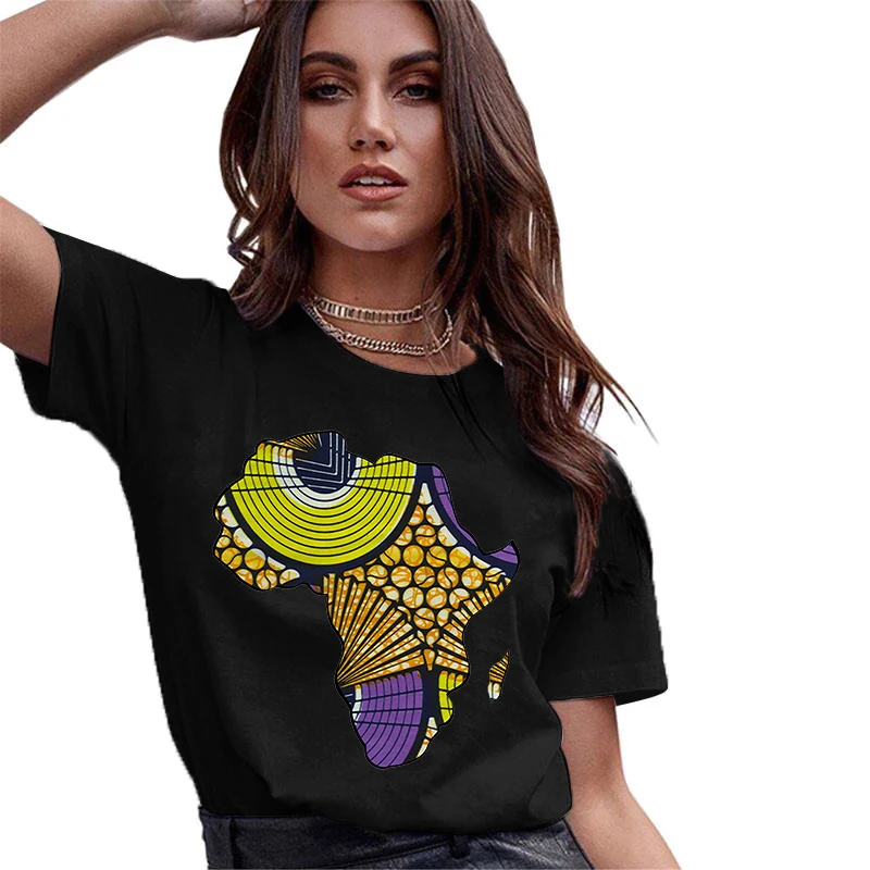 Women Tee Cartoon Africa Print Oversized T-shirt For Women Short Sleeve Harajuku Female Ropa Mujer Clothes Simple T Shirt Women