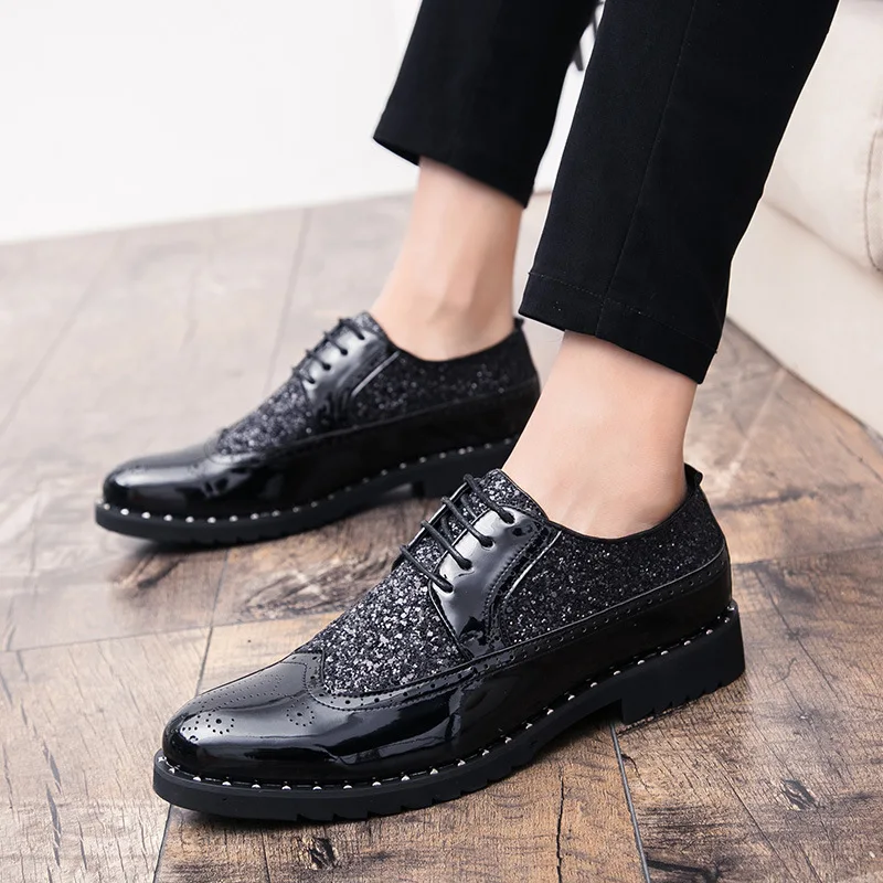 Men Dress Shoes 2021 Fashion Male Business Leather Shoes Men Brogue Shoes Sequin Formal Shoes Black Gold Zapatos Hombre639