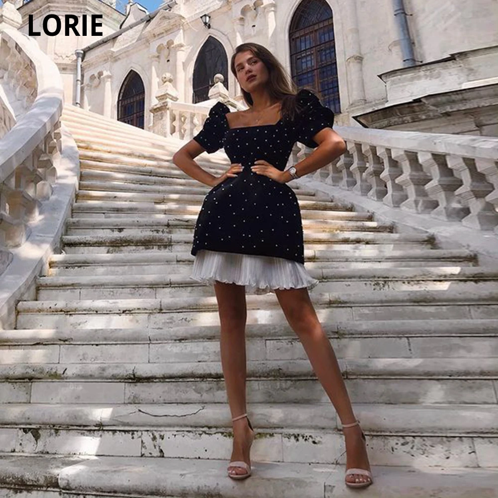 

Lorie 2021 Black With Glitter Evening Party Dresses Short Puff Sleeves Suqare Shape Neck Above The Knee Prom Gowns Custom Made
