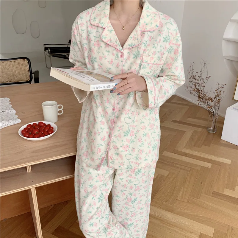 2 Colors Women\'s Floral Turndown Collar Pajama Sets Floral Tops+Pants Vintage Ladies Girl‘s Flowers Pyjamas Set Home Sleepwear