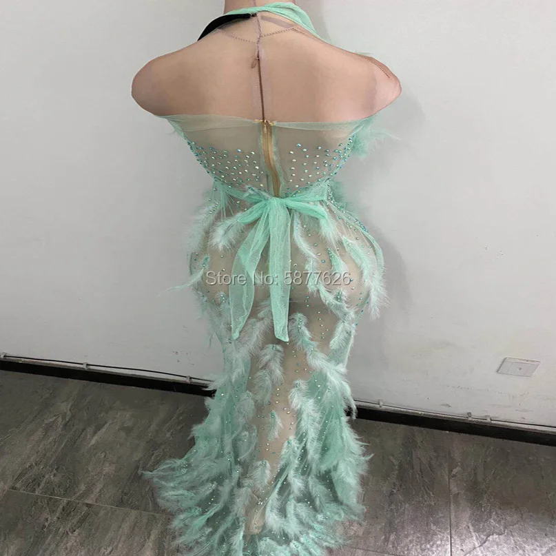 Sexy see throught evening dresses women  Green Rhinestones Feather Transparent Long Tail Dress stage show costume