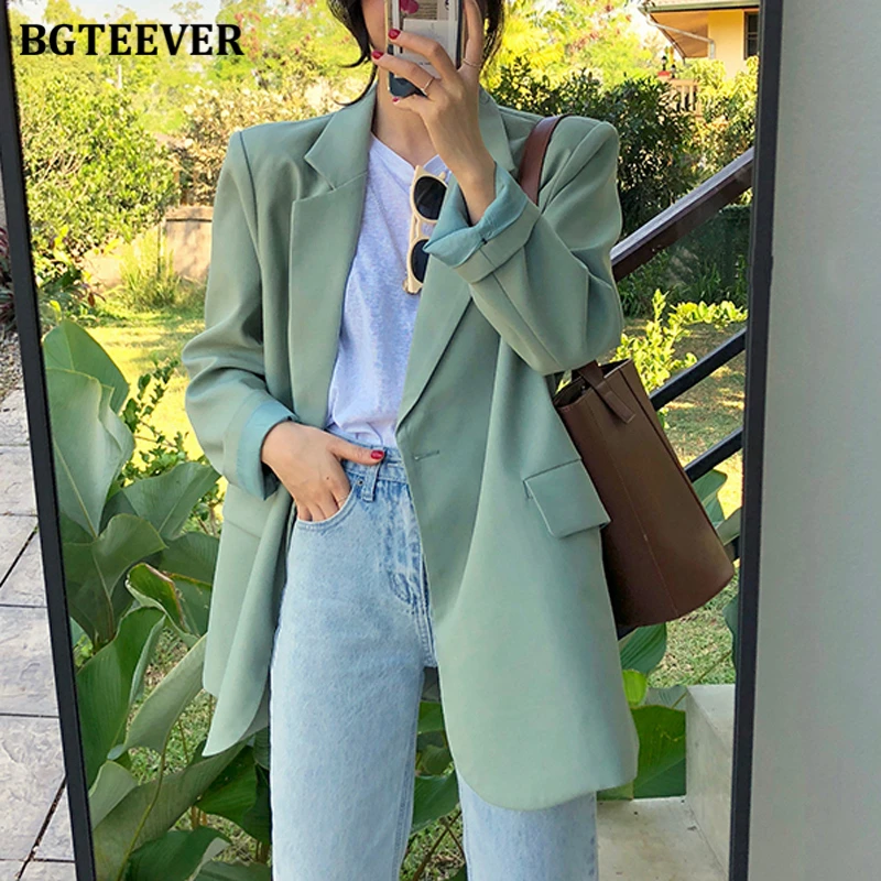 BGTEEVER Chic Loose Light Green Jacket Women Blazer Autumn One Button Female Suit Jacket Full Sleeve Outwear blaser femme