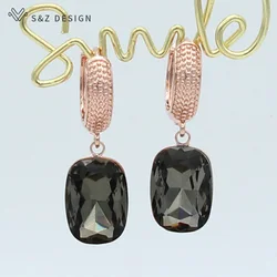 S&Z DESIGN Square Crystal Dangle Earrings For Women Wedding Jewelry 585 Rose Gold Color Party Fashion Eardrop