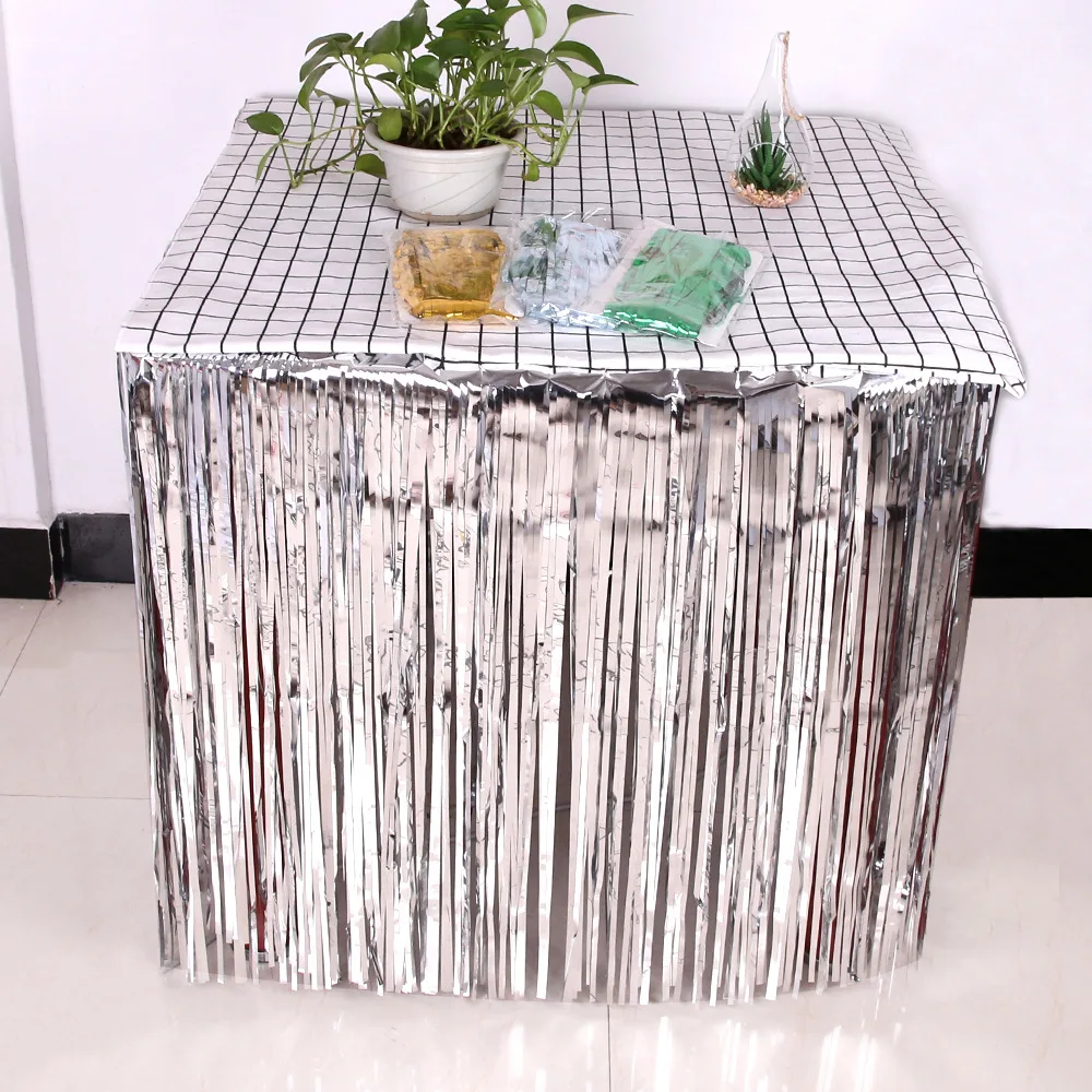 Metallic Fringe Table Skirt Foil Tinsel Table Decoration Festival Anniversary Birthday Wedding Party Decoration 274 x 74CM