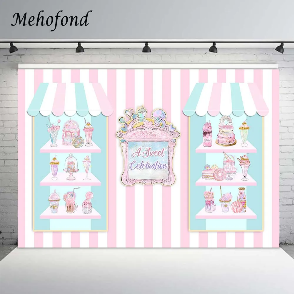 Mehofond Sweet Celebration Party Backdrops Ice Cream Cake Pink Stripe Dessert Shop Baby Birthday Decor Photography Background