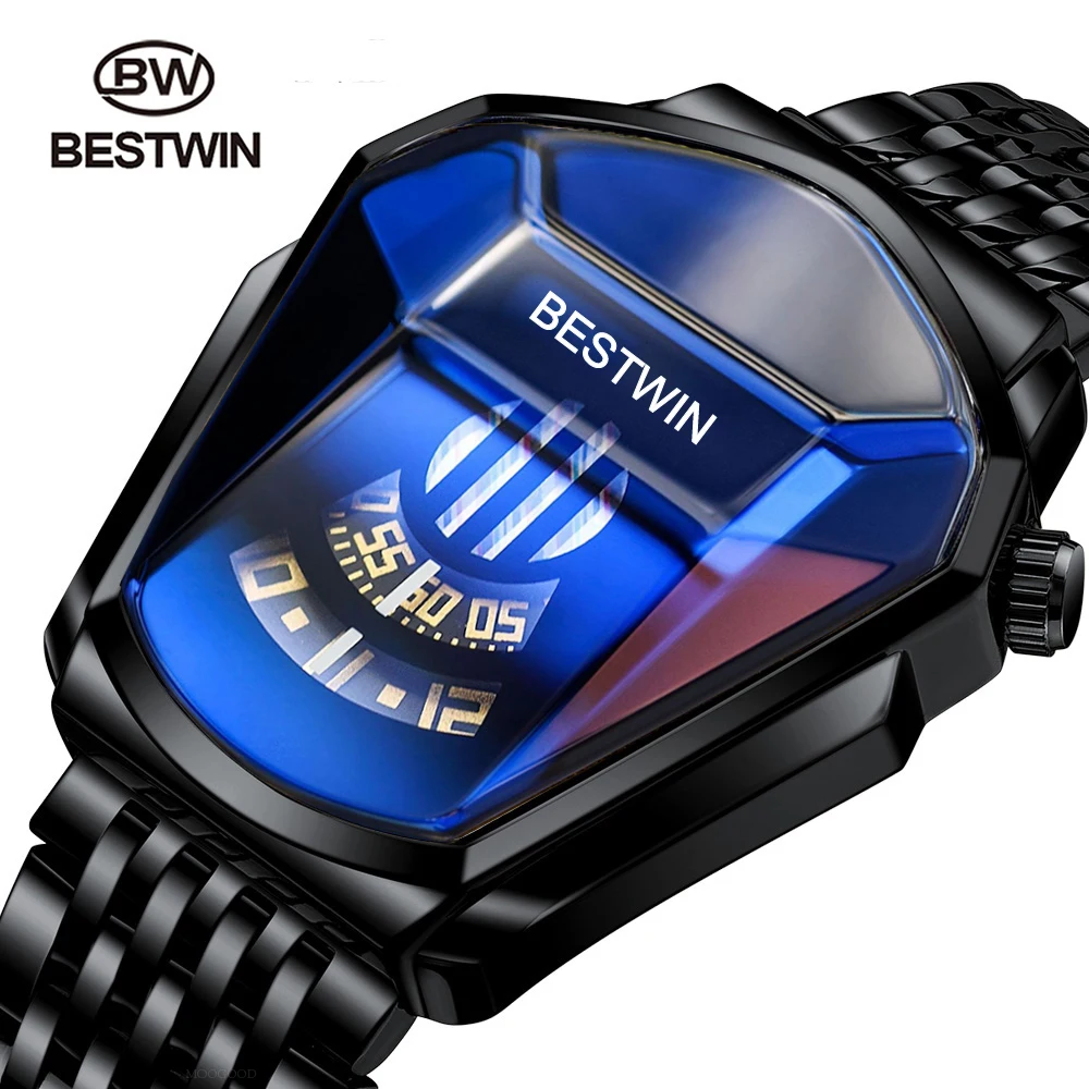 BESTWIN-reloj militar deportivo para hombre, cronógrafo de cuarzo de acero inoxidable dorado, resistente al agua, marca de lujo, 2021