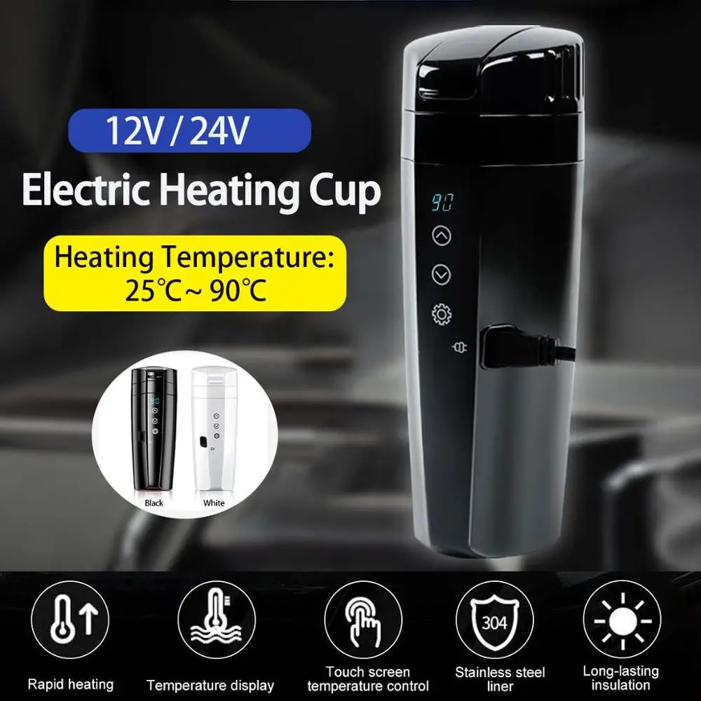 12V 24V 70W Real-time Temperature Vehicle Heating Cup Waterproof Stainless Steel Car Kettle Water Heater Car Mug Travel Kettle