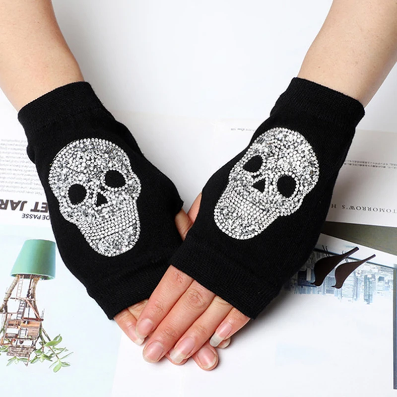 Women\'s Winter Warm Touch Screen Mitts Black Knit Half Finger Driving Gloves Punk Skull Rhinestone Short Hip-hop Gloves H82