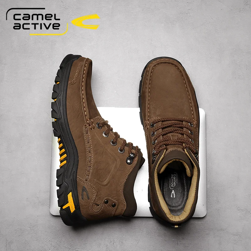 Camel Active Men Boots Genuine Leather Men Outdoor Boots Handmade Waterproof Working Ankle Boots High Top Men Shoes Size 38-47