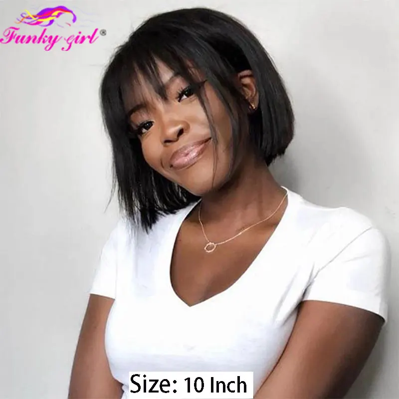 Straight Short Bob Human Hair Wigs With Bangs Natural Color Brazilian Human Hair Wigs Machine Made Wig For Women U Part Wigs