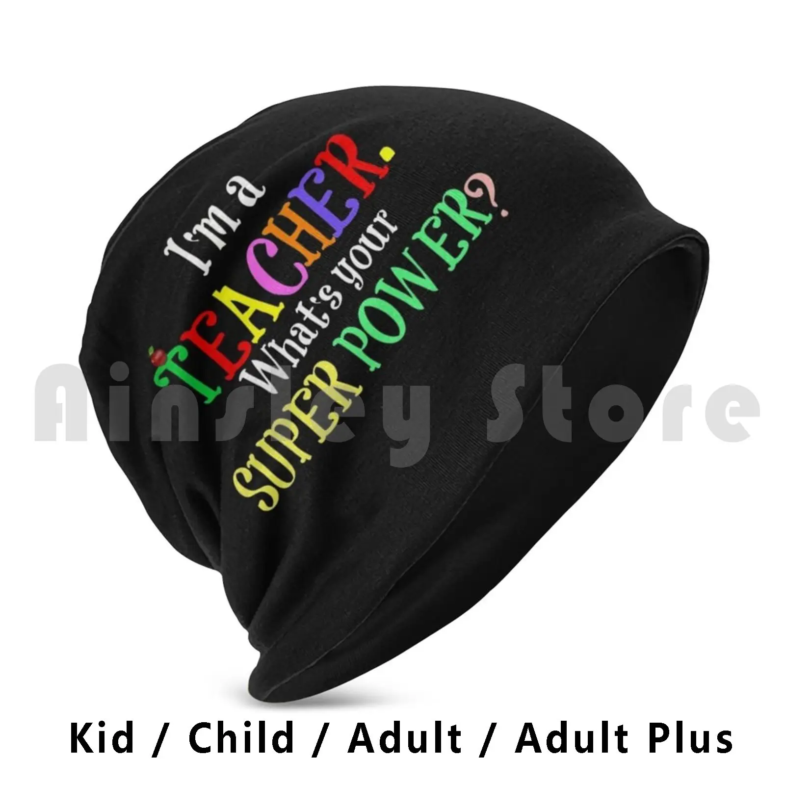 Teacher Super Power Humor Beanies Knit Hat 3123 Beanies Print Teacher Humor Super Power Colorful Design Cute