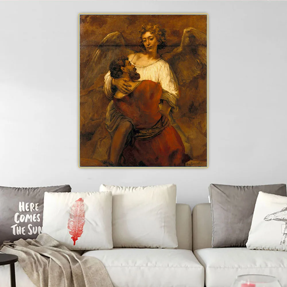 Citon Rembrandt《Jacob Wrestling with the Angel》Canvas Oil Painting Artwork Poster Picture Wall Background Decor Home Decoration