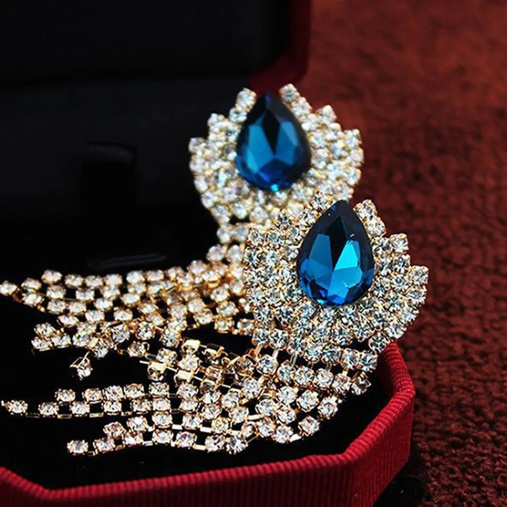 Splendido strass grande rosso verde goccia d'acqua orecchini da sposa da sposa per le donne di lusso nappa di cristallo ciondola orecchini gioielli