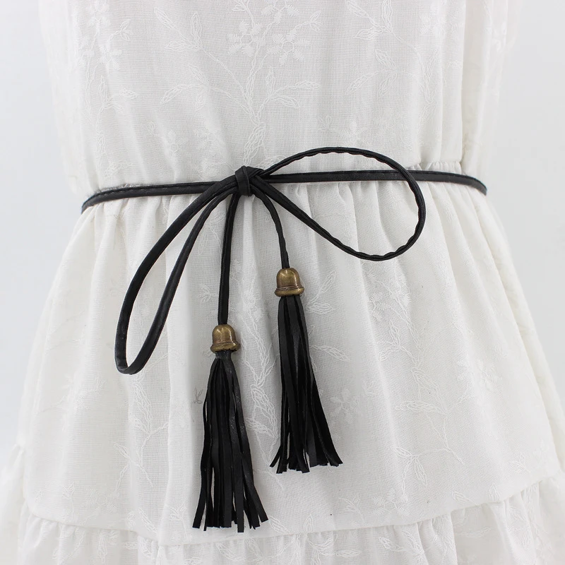 Hand-Knitted Long leather Designer Braid Tassel Belts 130cm Women Thin Waist Rope Belts for Dress PU String Cummerbunds