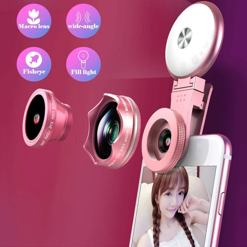 HD 4in1 Phone Camera Lenses 0.45X 150° Wide Angle 15X Macro 185° Fish Eye With Selfie Rechargeable LED light Smart Phone Lens