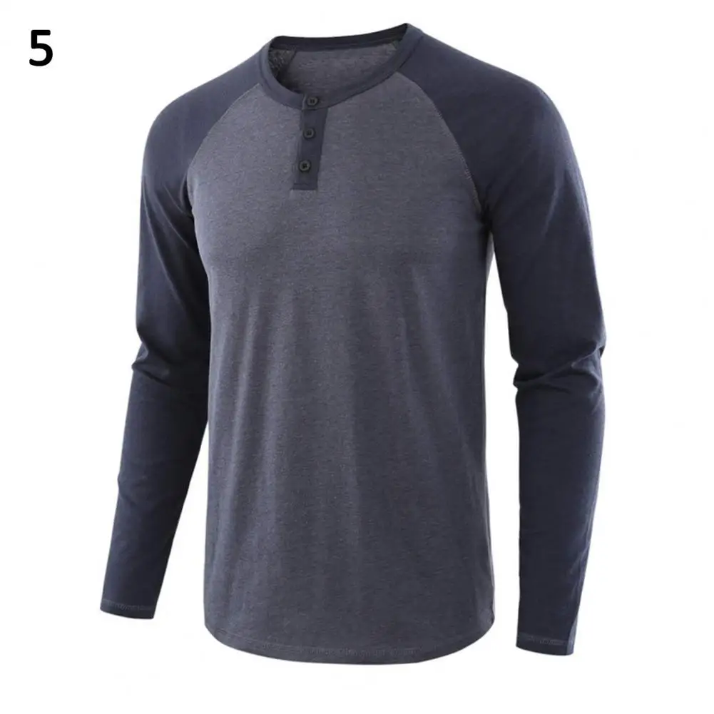 80% HOT Casual Men\'s Long-sleeved T-shirt Autumn O-neck Long Raglan Sleeves Color Matching T-shirt Button Pullover Tops