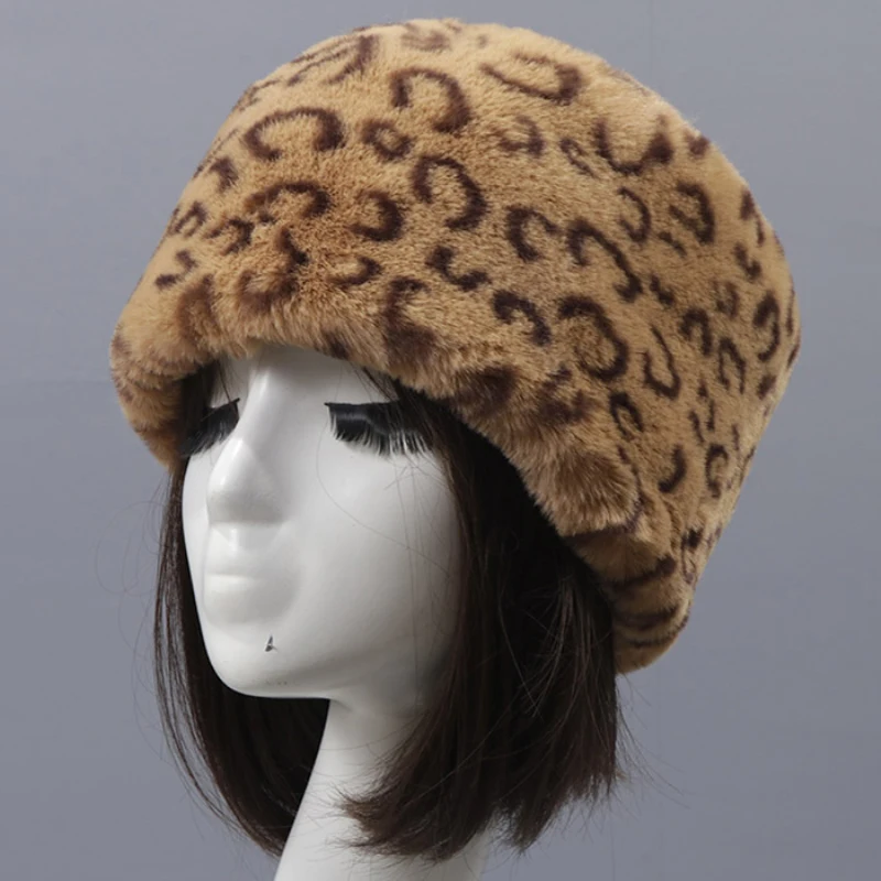 HT3451-Sombrero de invierno para mujer, gorro de piel sintética de leopardo, gorros gruesos y cálidos de invierno, sombrero de bombardero plano,