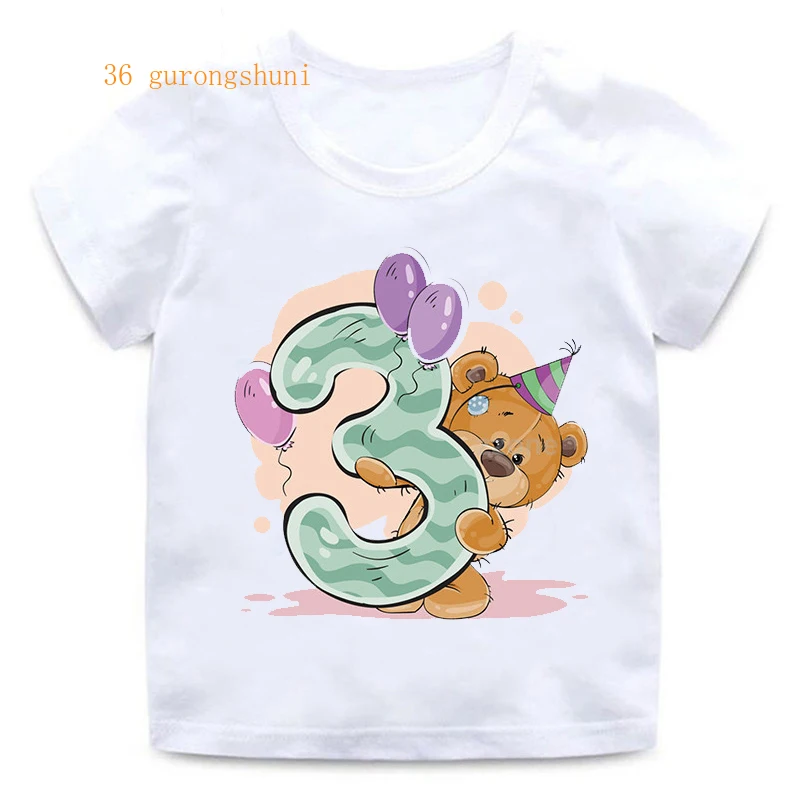 Boy Girl Birthday Bear Number 12 3 4 8 9 Bow Print T shirts Baby cute Cartoon Funny Round Neck Girls T-shirt Best Birthday Gift