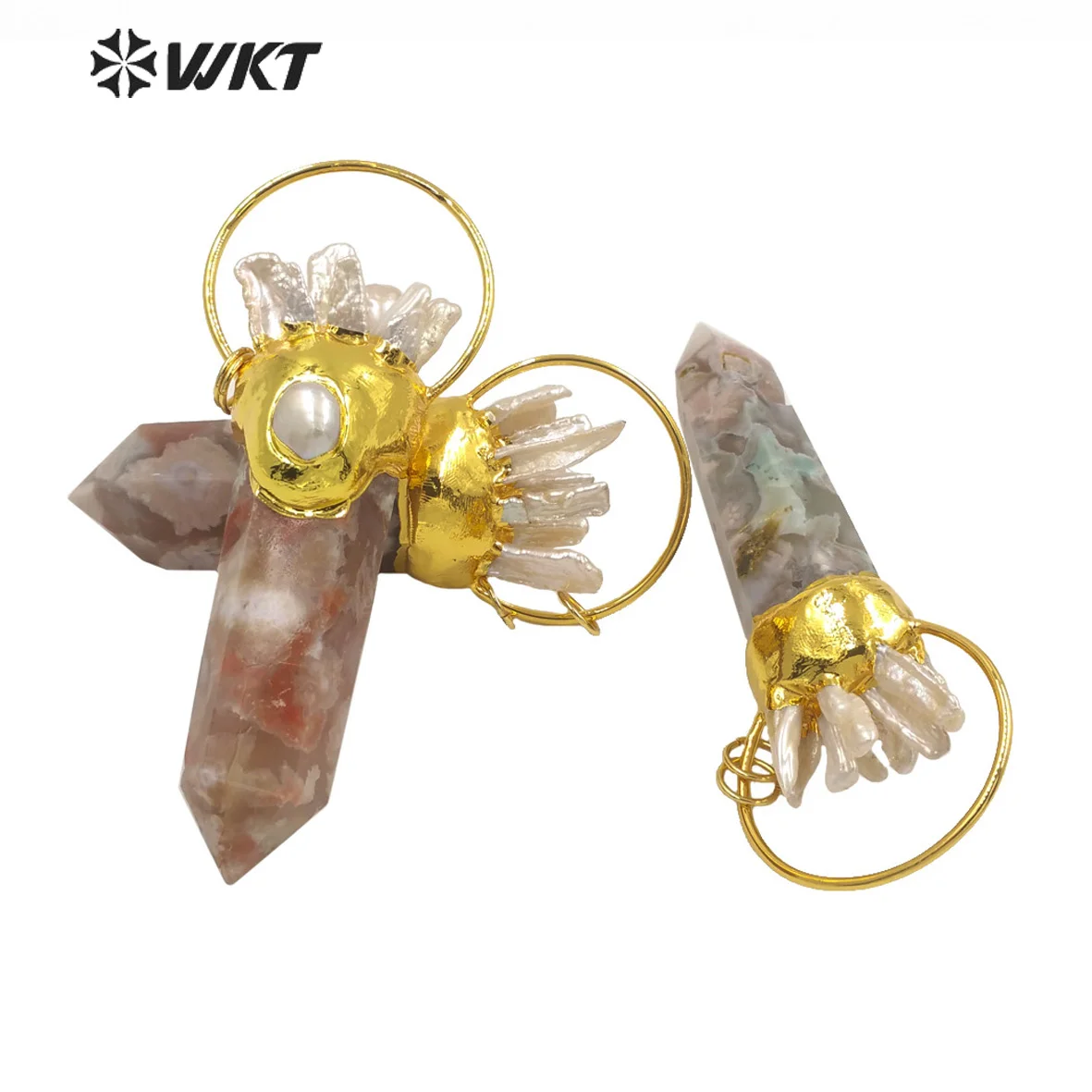 WT-P1679 Wholesale Fashion gold plated Natural Cherry Agates stone pillar pendant women natural hexagon point Agates pendant