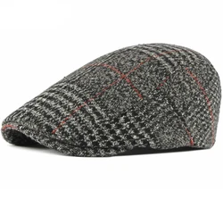 HT2701 Beret Cap Autumn Winter Wool Hat Vintage Plaid Men Women Berets Adjustable Retro   Flat Cap Artist Painter Hat