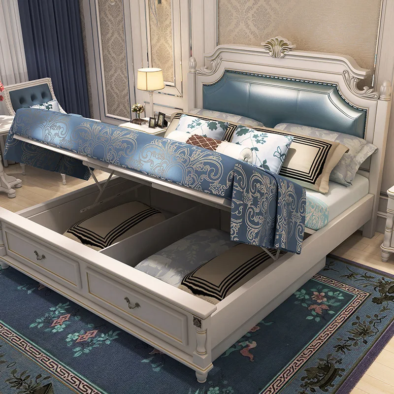 American country 1.8 meters European style double marriage bed storage high box bed 1.5 meters bedroom solid wood bed