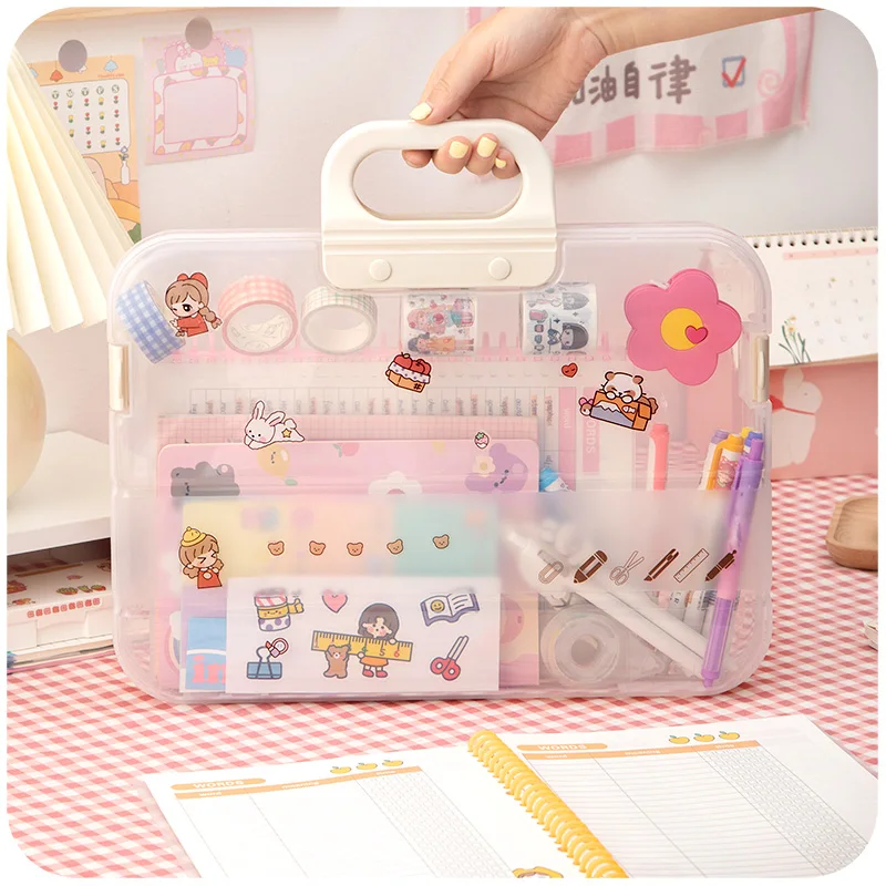 Ins wind transparent file bag kawaii simple girl heart large capacity portable storage box office accessories organizer desk