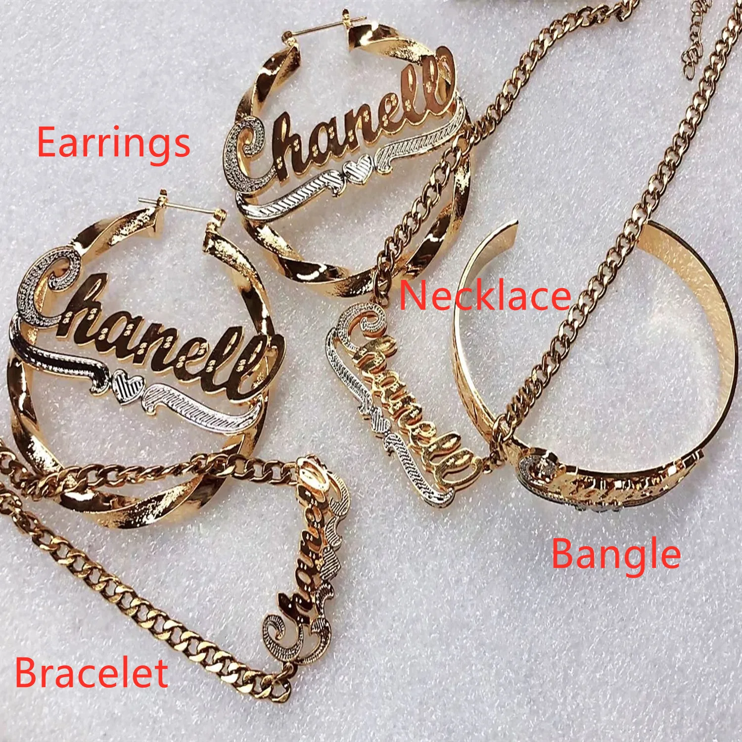 

Custom Bracelet Necklace Bangle And Earrings Four-Piece Set Personalised Stainless Steel Custom Name Necklace Set Jewelry