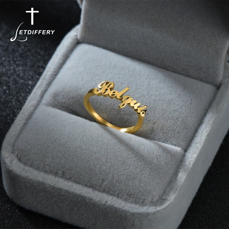 Letdiffery Custom Name Rings for Women Personlized Size 6 to Size 9 Stainless Steel Closed Rings Unique Engagement Jewelry Gifts