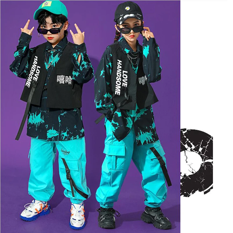 Kids Kpop Hip Hop Clothing Print Shirt Tops Sleeveless Jacket Streetwear Blue Cargo Pants for Girl Boy Dance Costume Clothes