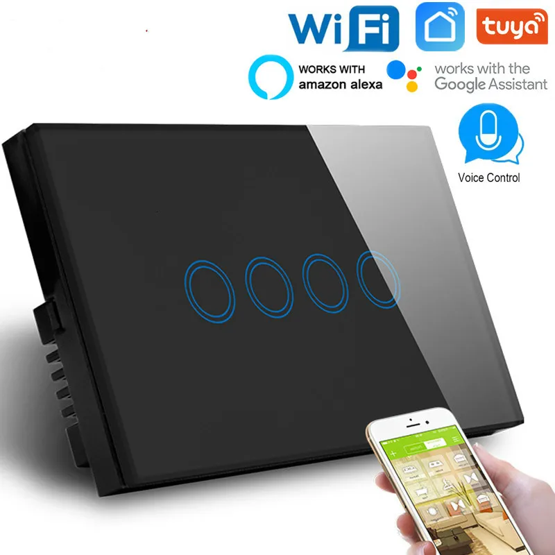 

120mm AU/US Smart Life Tuya 4 Gang Wifi light Touch switch Wireless Intelligence Wall Switches compatible Alexa Google Assistant